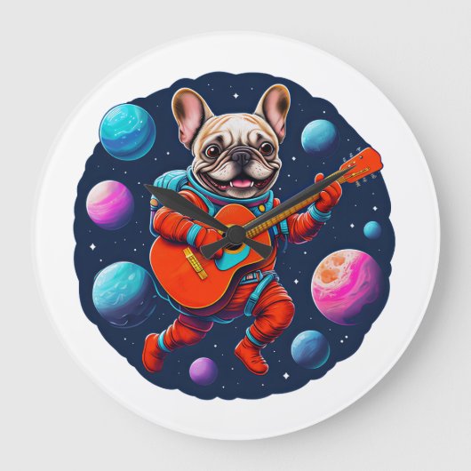 Cute French Bulldog Astronaut Playing Guitar – Fun ラージ壁時計 (正面)