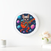 Cute French Bulldog Astronaut Playing Guitar – Fun ラージ壁時計 (ホーム)