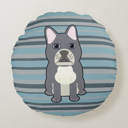 Cute French Bulldog Blue Striped ラウンドクッション (正面)
