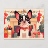 Cute French Bulldog by the Christmas Fireplace シーズンポストカード (正面)