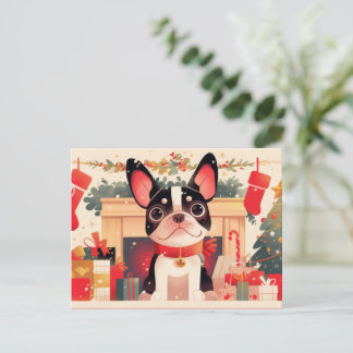 Cute French Bulldog by the Christmas Fireplace シーズンポストカード