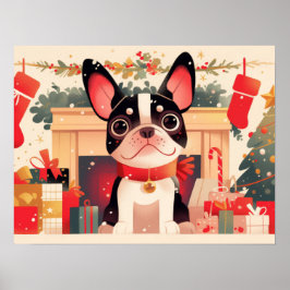 Cute French Bulldog by the Christmas Fireplace ポスター