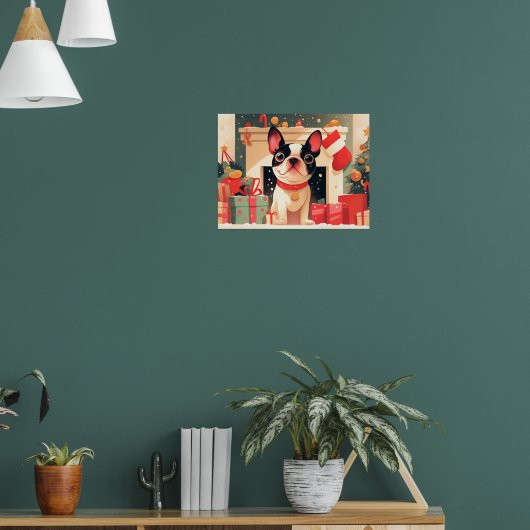 Cute French Bulldog by the Christmas Fireplace ポスター (リビング1)