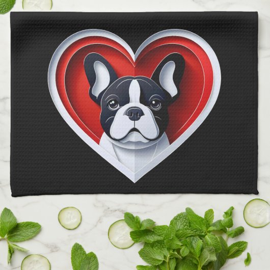 Cute French Bulldog Frenchie in Red Heart キッチンタオル (折り畳み)
