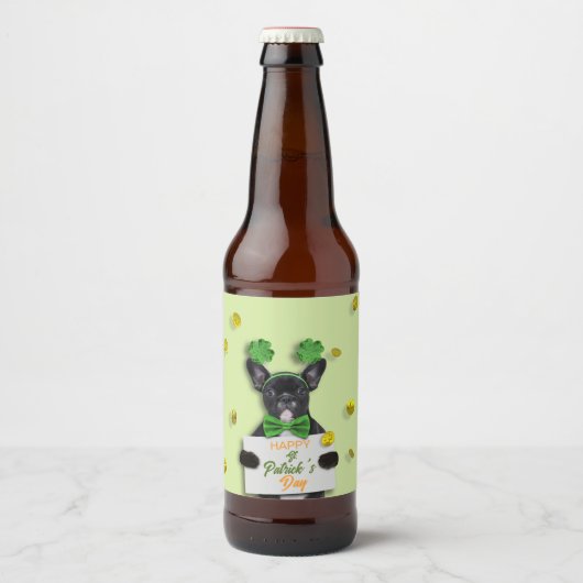 Cute French Bulldog Happy St. Patrick’s Day Clover ビールラベル (正面)