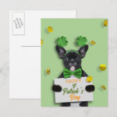 Cute French Bulldog Happy St. Patrick’s Day Clover ポストカード (正面/裏面)