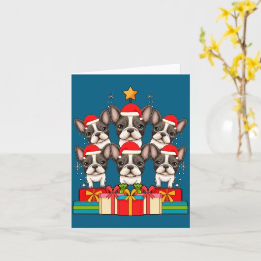 Cute French Bulldog Le Frenchie Christmas Tree Xma カード (黄色い花)