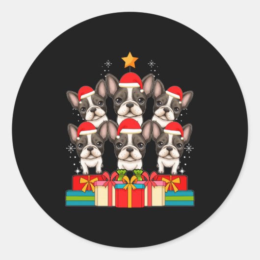 Cute French Bulldog Le Frenchie Christmas Tree Xma ラウンドシール (正面)