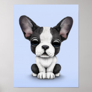 Cute French Bulldog Puppy Dog on Light Blue ポスター