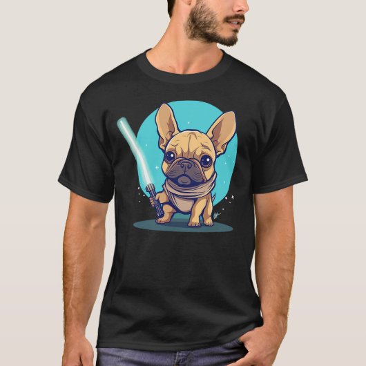 Cute Frenchie Holding Light Laser Saber Sword Dog  Tシャツ (正面)