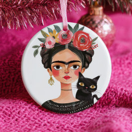 Cute Frida Kahlo& Black Cat Feline Pet Name& Photo セラミックオーナメント