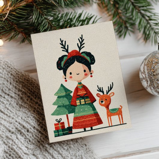 Cute Frida Kahlo Minimalist Cartoon Christmas  ポストカード