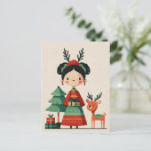 Cute Frida Kahlo Minimalist Cartoon Christmas  ポストカード (スタンド正面)