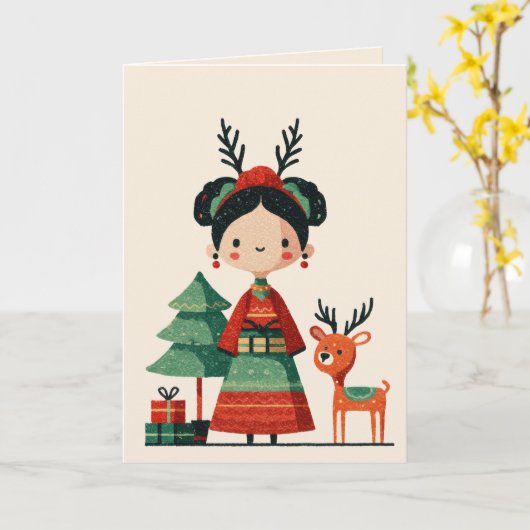 Cute Frida Kahlo Retro Minimalist Merry Christmas カード (黄色い花)
