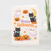 Cute Friendly Cats Ghosts Pumpkins Halloween  カード (正面)