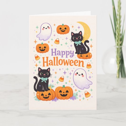 Cute Friendly Cats Ghosts Pumpkins Halloween  カード (正面)