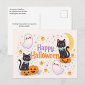 Cute Friendly Cats Ghosts Pumpkins Halloween  シーズンポストカード (正面/裏面)