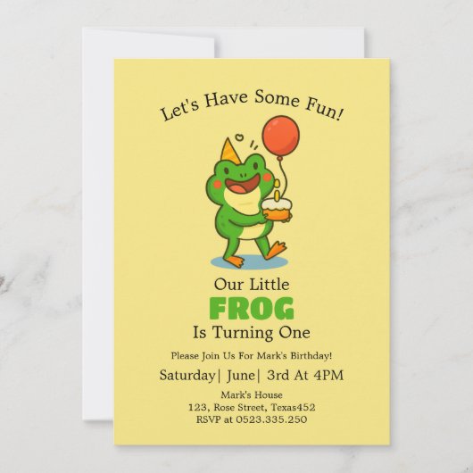 Cute Frog 1st Birthday Party Invitation 招待状 (正面)