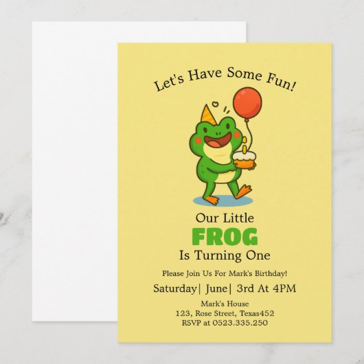 Cute Frog 1st Birthday Party Invitation 招待状 (正面/裏面)