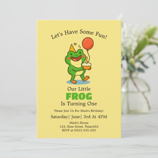 Cute Frog 1st Birthday Party Invitation 招待状 (スタンド正面)