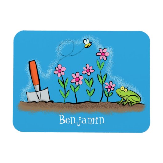 Cute frog and bee in garden cartoon illustration マグネット (横)