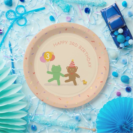 Cute Frog & Bear Birthday Party Plate ペーパープレート (パーティー)