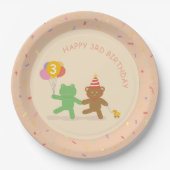 Cute Frog & Bear Birthday Party Plate ペーパープレート (正面)