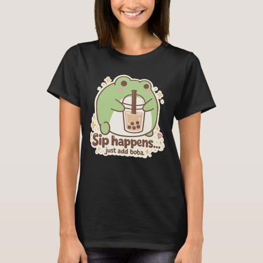 Cute FROG drinking bubble tea, boba tea Tシャツ (正面)
