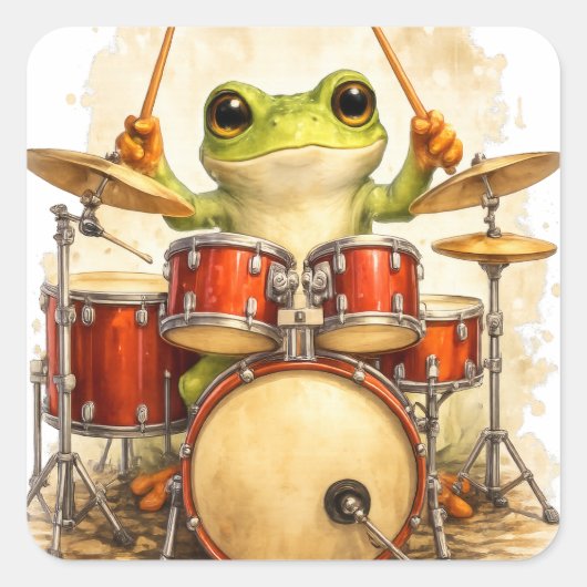 Cute Frog Drummer Sticker – Funny Music Art スクエアシール (正面)