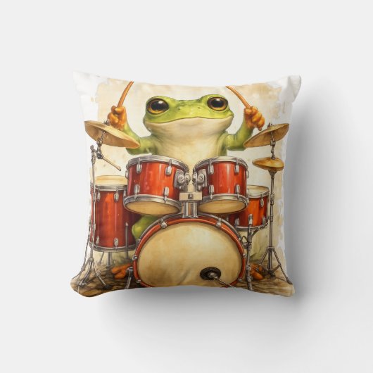 Cute Frog Drummer Throw Pillow – Fun Decor クッション (正面)