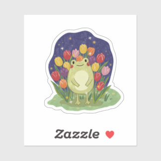 Cute Frog in a Tulip Garden at Night Illustration シール
