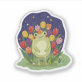 Cute Frog in a Tulip Garden at Night Illustration シール (正面)