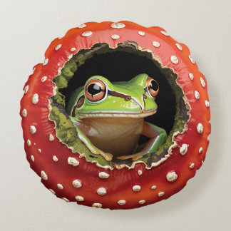 Cute Frog in Mushroom – Whimsical Cottagecore Frog ラウンドクッション
