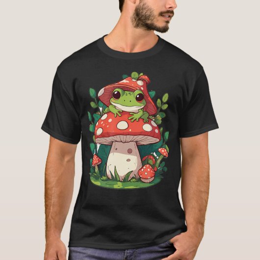 Cute Frog On Mushroom Cartoon Aesthetic Tシャツ (正面)