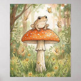 Cute Frog on Mushroom Woodland Cottagecore ポスター