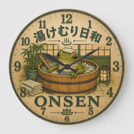 Cute Frog Onsen ラージ壁時計 (正面)