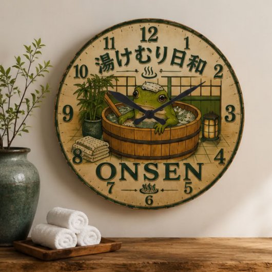 Cute Frog Onsen ラージ壁時計
