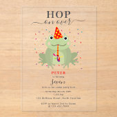 Cute Frog Party Hat Hop On Over Kids Birthday アクリル招待状 (正面)