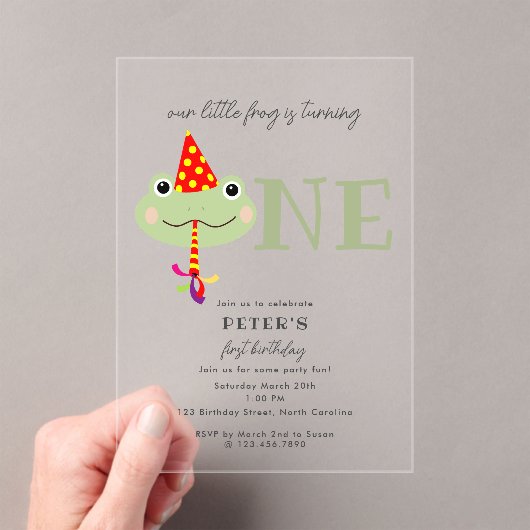 Cute Frog Party Hat Kids First 1st Birthday Party アクリル招待状 (インサイチュ (ポータブル))