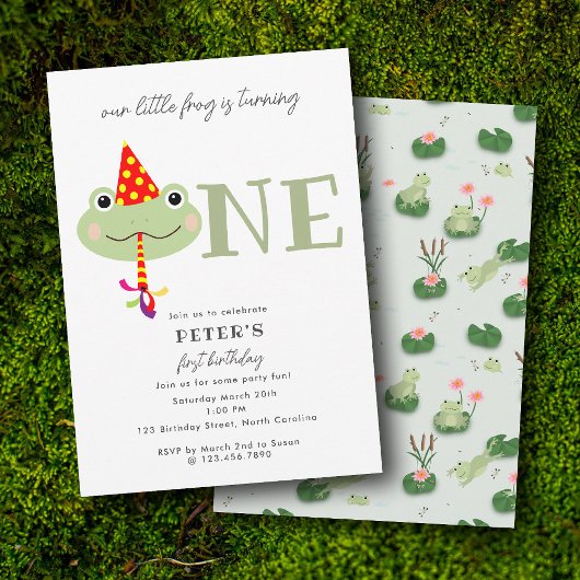 Cute Frog Party Hat Kids First 1st Birthday Party 招待状