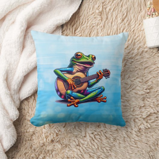 Cute Frog Playing a Guitar クッション (ブランケット)