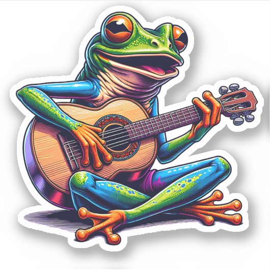 Cute Frog Playing a Guitar シール (正面)