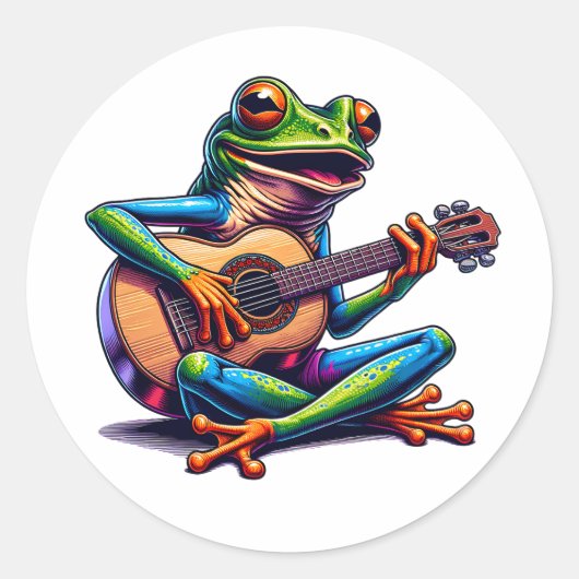 Cute Frog Playing a Guitar ラウンドシール (正面)