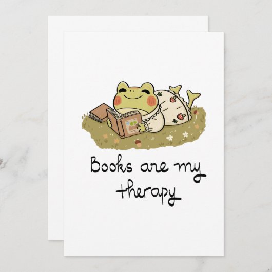 Cute Frog Reading - Books Are My Therapy 招待状 (正面/裏面)