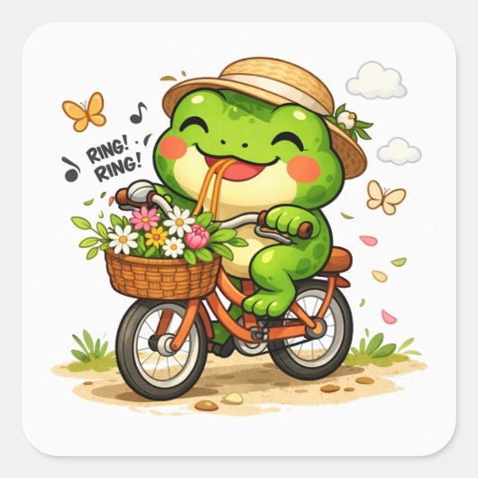 Cute Frog Riding Bicycle スクエアシール (正面)