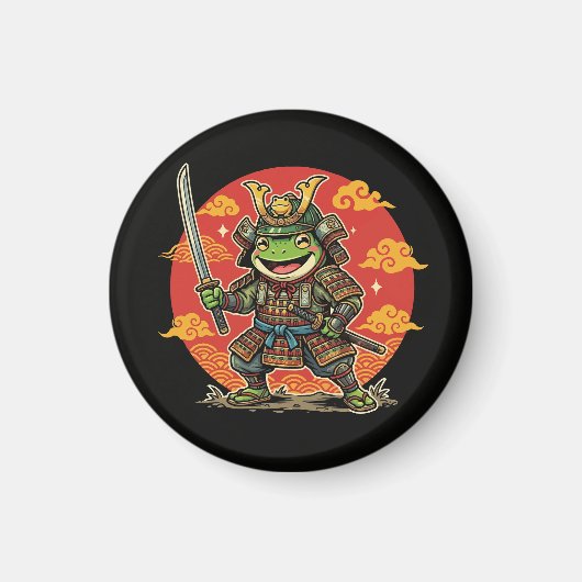 Cute Frog Samurai Cartoon Animal Warrior Design マグネット (正面)