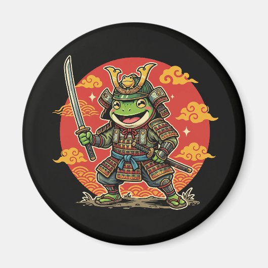 Cute Frog Samurai Cartoon Animal Warrior Design マグネット (正面)