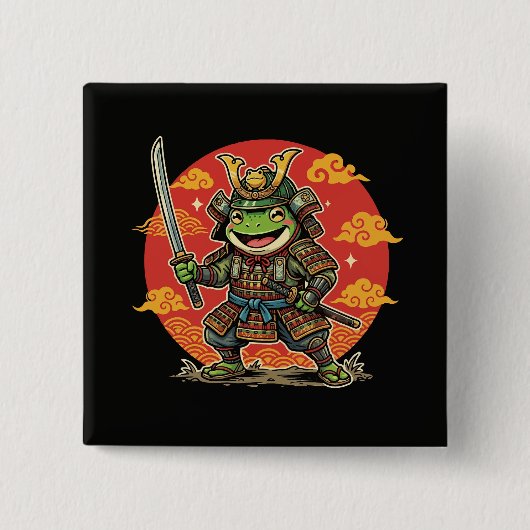 Cute Frog Samurai Cartoon Animal Warrior Design 缶バッジ (正面)