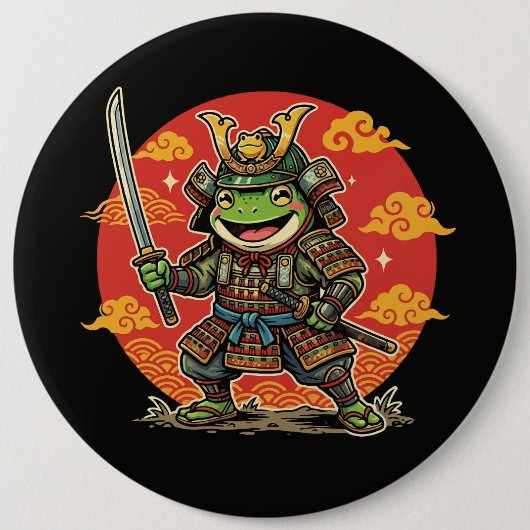 Cute Frog Samurai Cartoon Animal Warrior Design 缶バッジ (正面)