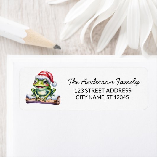  Cute Frog Santa Hat Christmas Return Address ラベル (インサイチュ)